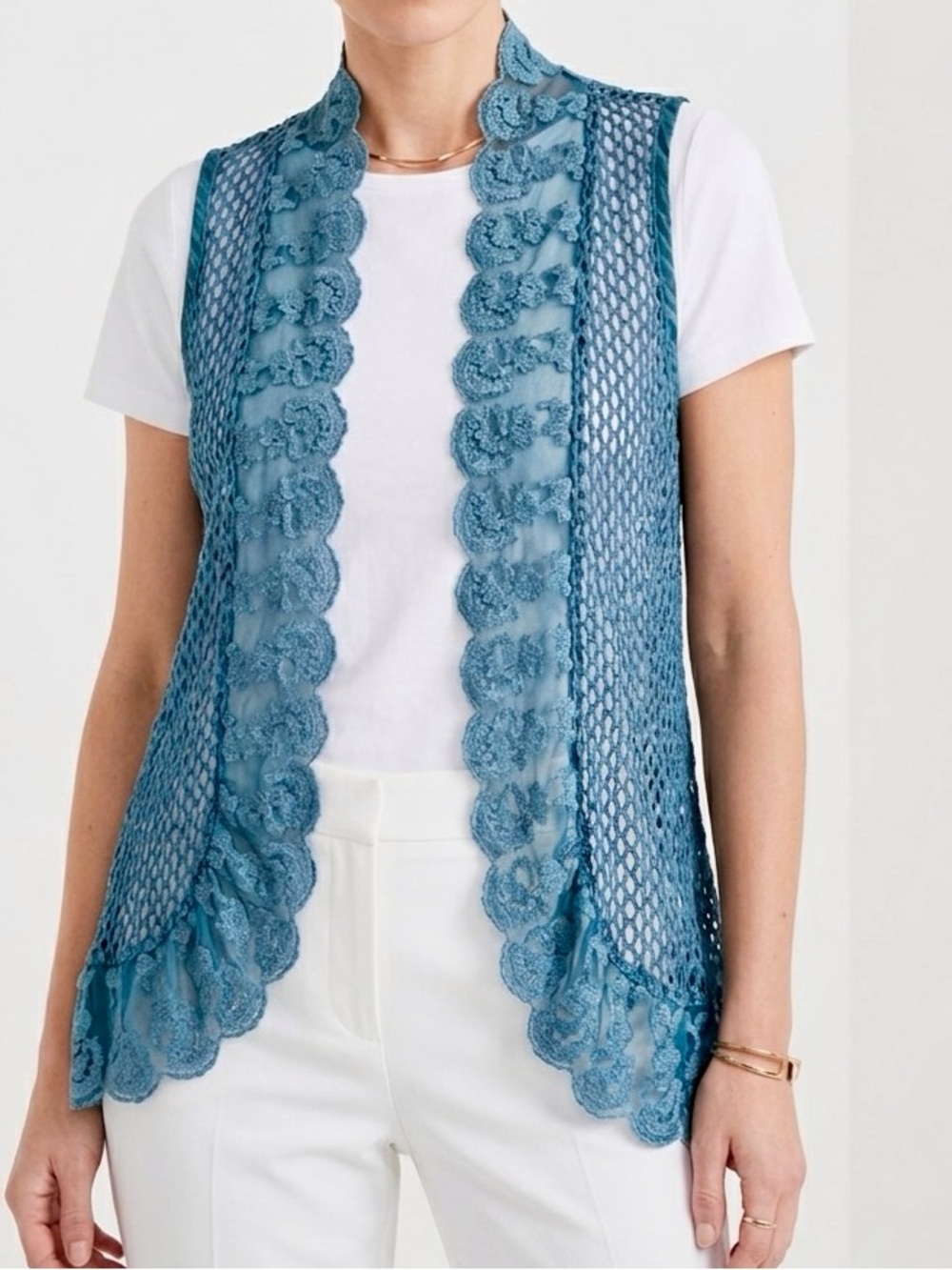 CHICOS French Blue Lace & Crochet Open Vest